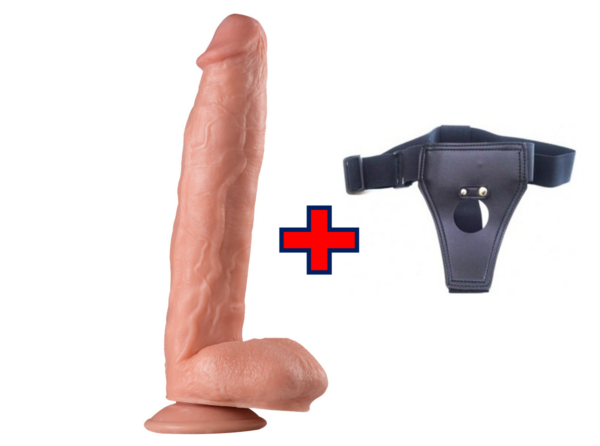 XXLarge - 30 Cm. - Ultra Realistik Büyük Kalın Vantuzlu Damarlı Testisli - Belden Bağlamalı Kemerli Vibratör (Ten Rengi) ''Retardex Genital Bölge Koku Giderici Hediyeli''
