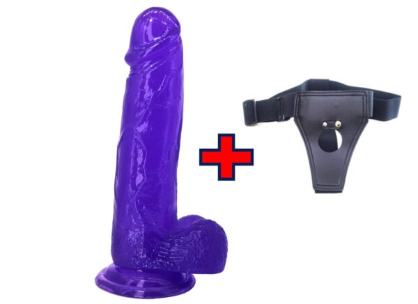 XESE - 21 Cm. - Tam Realistik Testisli Vantuzlu Belden bağlama kemerli Vibratör (Jelly Mor) ''Retardex Genital Bölge Koku Giderici Hediyeli''
